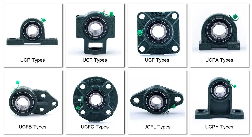 Comparison of UCP, UCF, UCFL, and UCT pillow block bearing housing types and bolt patterns