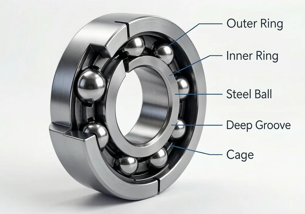 Deep groove ball bearing cross-section showing outer ring, inner ring, ball complement, raceway groove, and cage