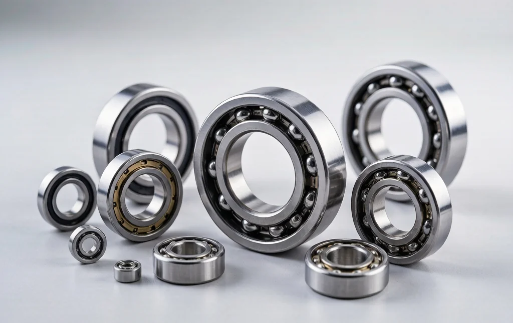 Deep groove ball bearings in a range of sizes arranged together, from miniature to large bore