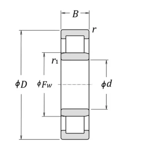 NU210 bearing dimension drawing with d/D/B specification labels and chamfer