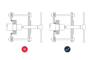 Bearing mounting alignment diagram showing correct cross-pattern bolt tightening sequence and shaft housing alignment for precision bearing installation