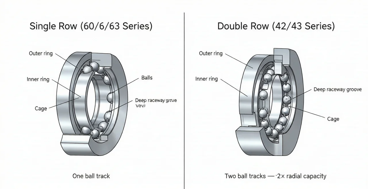 Single row vs double row deep groove ball bearing comparison, 60/62/63 series and 42/43 series