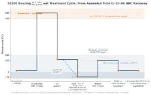52100 bearing steel heat treatment temperature profile chart showing austenitizing, oil quenching and tempering steps