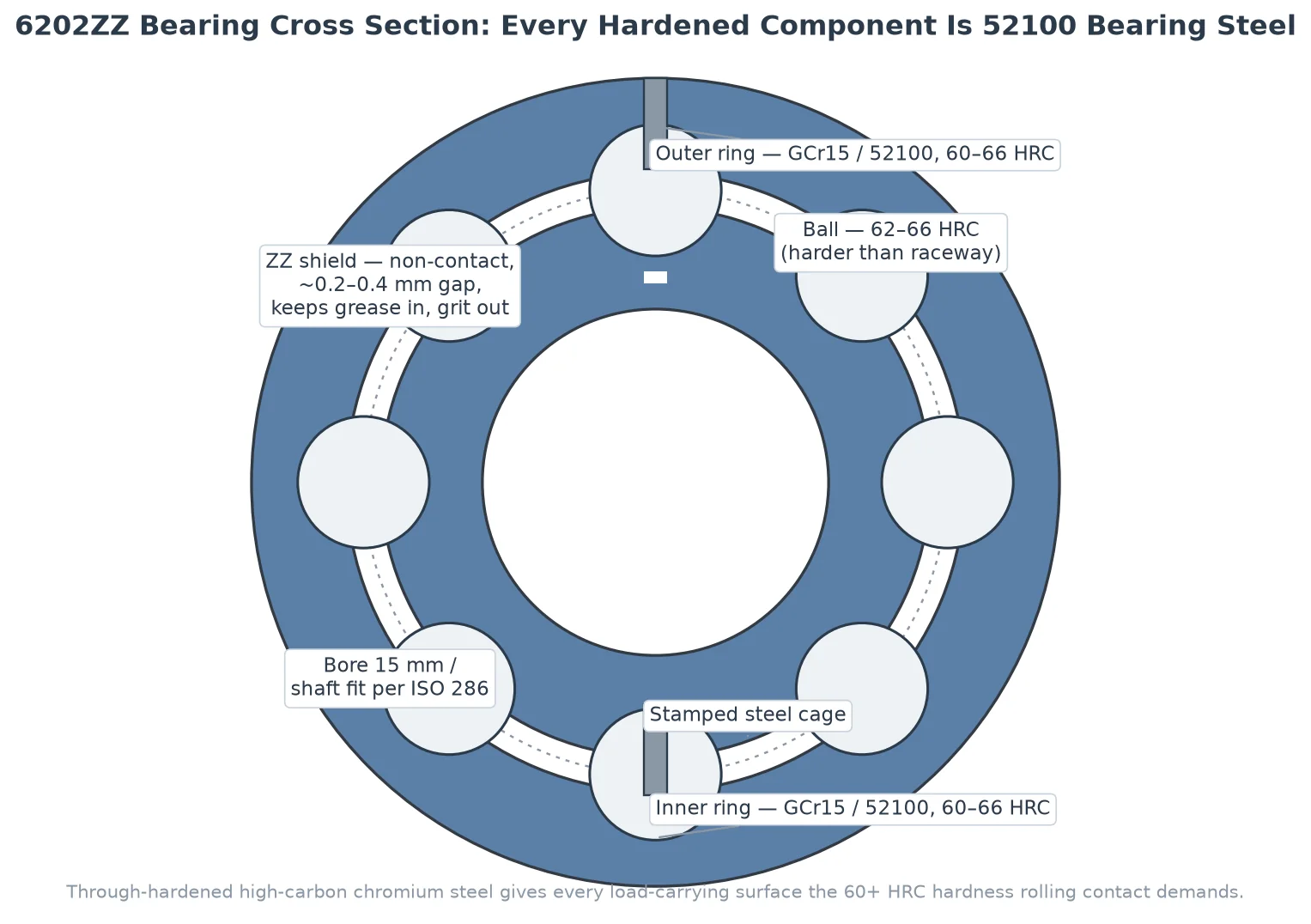 6202ZZ bearing cross section showing every load-carrying part made of 52100 bearing steel with hardened raceways